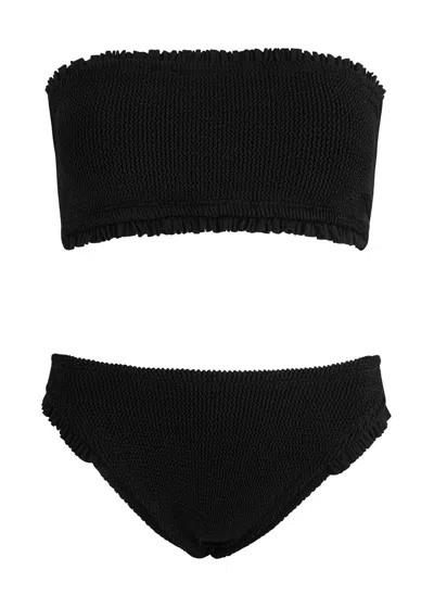 Hunza G Tracey Ruffled Seersucker Bandeau Bikini In Black
