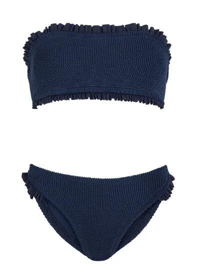 Hunza G Tracey Ruffled Seersucker Bandeau Bikini In Navy