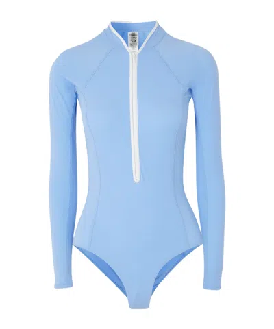 Hunza G Tyra Raglan Sleeve One-piece Rashguard Swimsuit In Blue