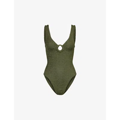 Hunza G Womens Metallic Khaki Celine Plunge-neck Swimsuit