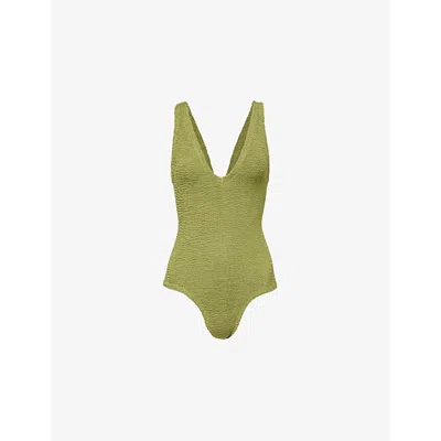 Hunza G Womens Metallic Moss Sadie Scoop-neck Crinkle-textured Swimsuit In Metallic Moss
