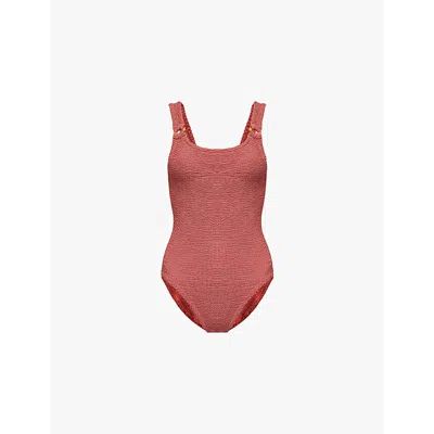 HUNZA G WOMENS METALLIC ROSEWOOD DOMINO SCOOP-NECK SWIMSUIT