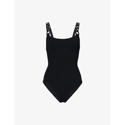 Hunza G Melody Eyelet-embellished Seersucker Swimsuit In Black