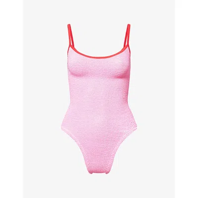 Hunza G Womens Bubblegum/red Pamela Contrast-strap Seersucker Swimsuit In Pink