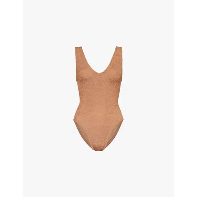 Hunza G Womens Sadie Scoop-neck Crinkle-textured Swimsuit Metallic Cocoa In Metallic Cocoa