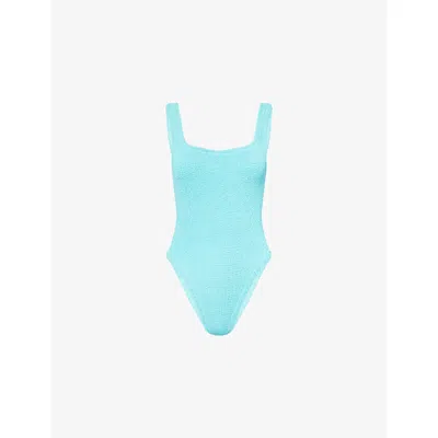 HUNZA G WOMENS AQUA SQUARE-NECK SEERSUCKER SWIMSUIT