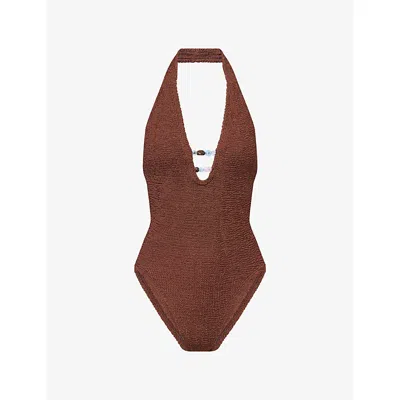 Hunza G Womens Metallic Chocolate Adriana Halterneck Swimsuit In Brown