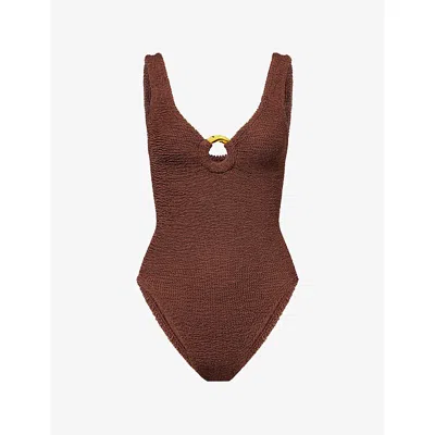HUNZA G WOMENS CELINE RING CRINKLED SWIMSUIT METALLIC CHOCOLATE