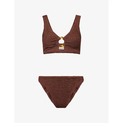 Hunza G Womens Julia Ring Crinkled Bikini Set Metallic Chocolate In Brown
