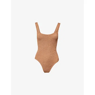 Hunza G Womens Metallic Coco Square-neck Seersucker Swimsuit In Brown