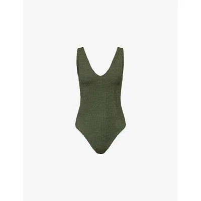 Hunza G Womens Metallic Khaki Sadie Scoop-neck Crinkle-textured Swimsuit In Green