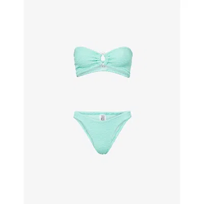 Hunza G Womens Metallic Mint Gloria Pearly-hoop Seersucker Bikini Set In Blue