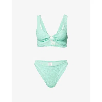 Hunza G Womens Metallic Mint Julia Pearly-hoop Seersucker Bikini Set In Blue