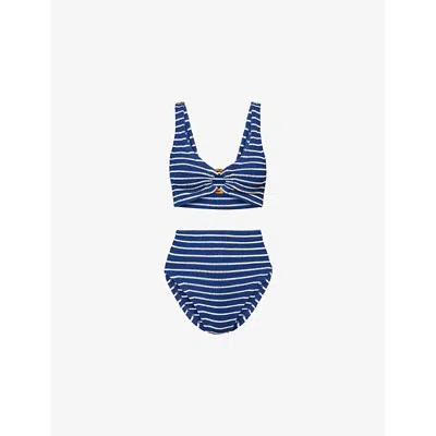 Hunza G Womens Nadine Hoop-trim Striped Seersucker Bikini Set Navy Whit In Navy White