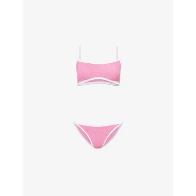 Hunza G Womens Tyler Contrast-trim Seersucker Bikini Set Candy Pink In Candy Pink