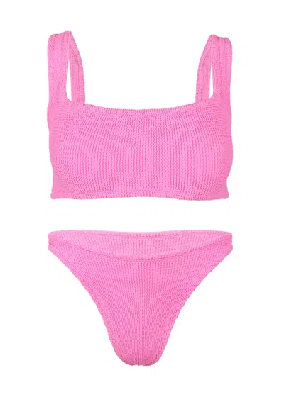 HUNZA G XANDRA BIKINI | FIGURE FLATTERING CRINKLE SWIMSUIT | FULL BUST SUPPORT | HIGH LEG BUBBLEGUM PINK BIK