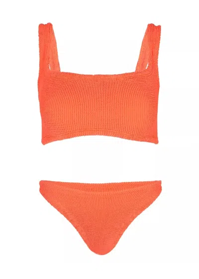 Hunza G Xandra Bikini Set In Orange | Stretchy One Size Fit Designer Swimwear | Square Neck &amp; Bust Suppo