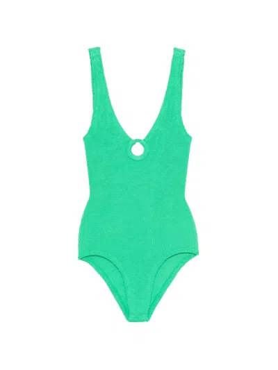 Hunza High-leg Cut Scoop Neck Mini Textured Ring Bodysuit In Green