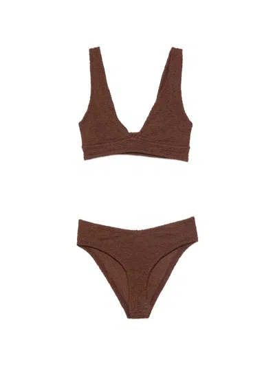 Hunza Mini V-neck Stretch Sculpting Top With Supportive Straps In Brown