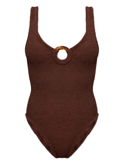 Hunza One-piece V-neck Swimsuit With Tortoiseshell Hoop Detail - One Size In Brown