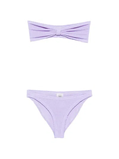 Hunza Original Crinkle One Size Bikini Bottom With Front Knot Top In Viola