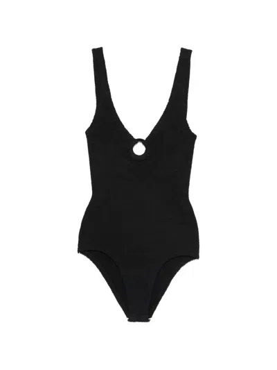 Hunza Scoop Neck High-leg Cut Ring Detail Mini Bodysuit In Black