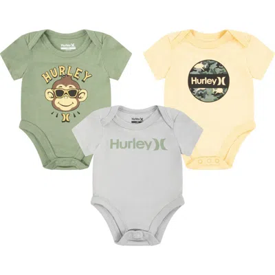 Hurley Kids'  Assorted 3-pack Bodysuits In Wolf Gray/sun/aloe Green
