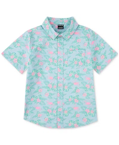 Hurley Kids' Big Boys Short-sleeve Printed Stretch-poplin Shirt In Blue Ice,mint