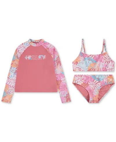 Hurley Kids' Big Girls 3-pc. Rash Guard & Bikini Set In Sunset Coral,multi