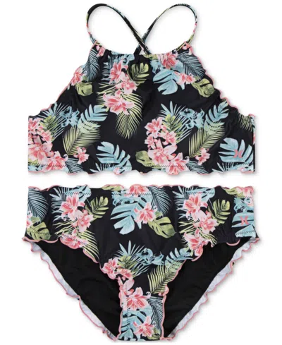 Hurley Kids' Big Girls Halter Floral-print Two-piece Swimsuit In Black
