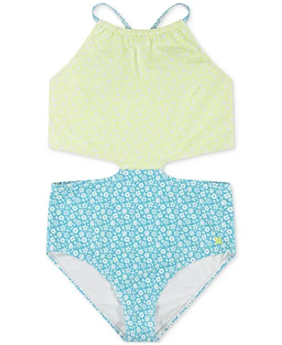 Hurley Kids' Big Girls Halter Monokini Swimsuit In Turquoise Waves,cool Matcha