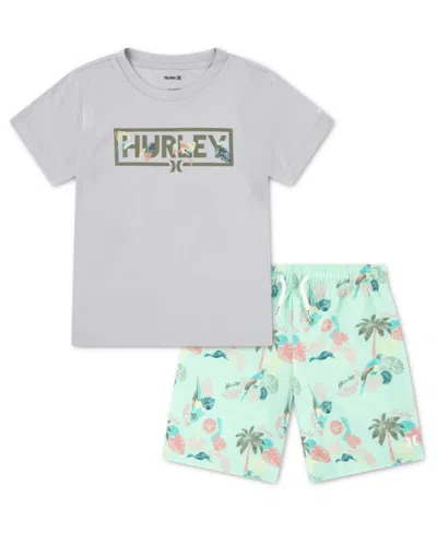 Hurley Kids' Boys' 4-7 Parrot-dise Swim T-shirt And Shorts, 2-piece Set In Gray,mint