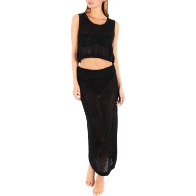Hurley Embroidered Sheer Cover-up Crop Top & Maxi Skirt Set In Black