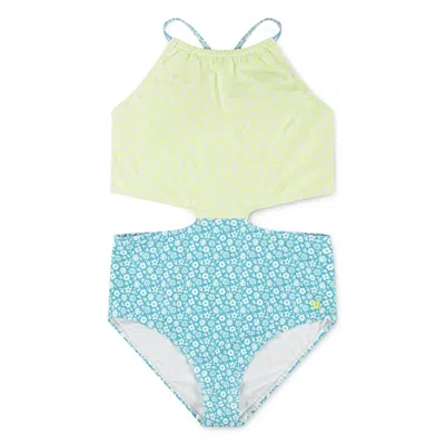 Hurley Kids' Girls  Swimsuit Green Blue Ditsy Floral Halter Monokini One Piece Gbo820 In Multi
