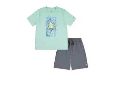 Hurley Graphic T-shirt And H20-dri Short Set (big Kid) Boy's Sets Cool Grey : Md (10 Big Kids), Cotton/poly In Blue