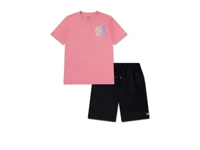 Hurley Graphic T-shirt And H20-dri Short Set (big Kid) Boy's Sets Sunset Coral : Sm (7/8 Big Kids), Cotton/ In Pink