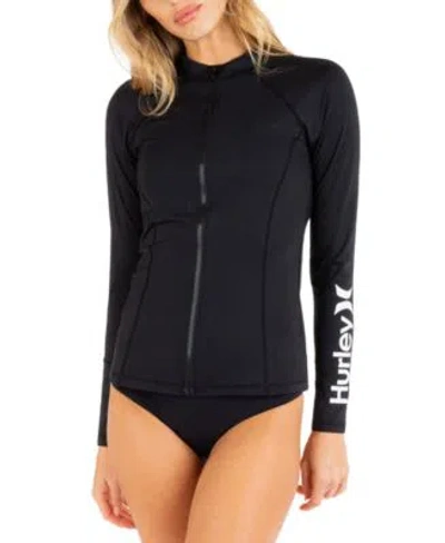 Hurley Juniors Long Sleeve Zip Front Rash Guard Bikini Bottoms In Black