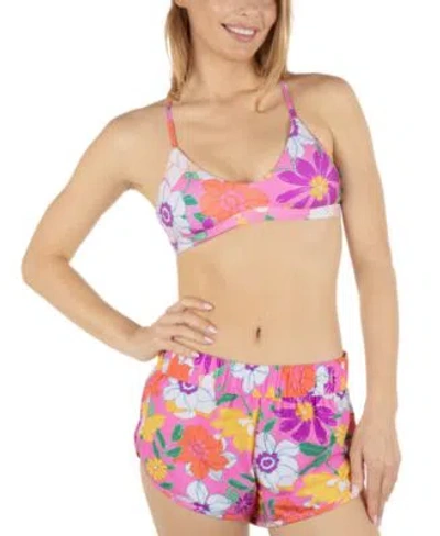 Hurley Juniors Printed Strappy Tie Back Bikini Top Daisy Delight Dolphin Shorts In Pink Pop