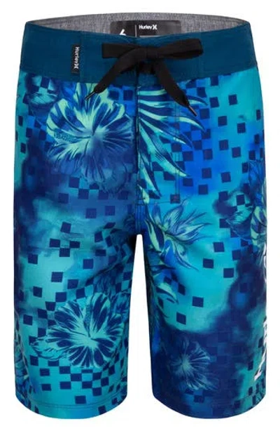 Hurley Kids' Floral Checkered Board Shorts In Blue