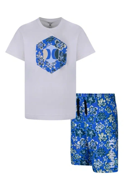 Hurley Kids' Floral Dri-fit Swim Shirt & Trunks Set In Blue