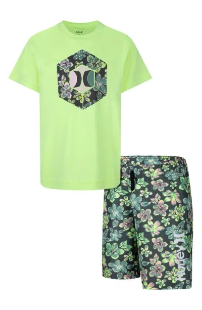 Hurley Kids' Floral Dri-fit Swim Shirt & Trunks Set In Green