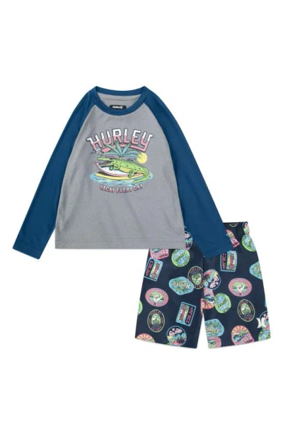 Hurley Kids' Floral Print Swim Shirt & Trunks Set In Blue Force
