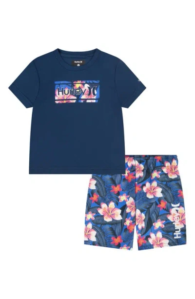 Hurley Kids' Floral Print Swim Shirt & Trunks Set In Signal Blue