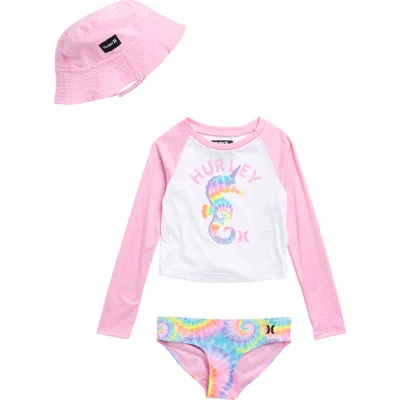 Hurley Babies'  Kids' Upf Two-piece Rashguard Swimsuit & Bucket Hat Set In White/pink Multi