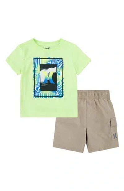 Hurley Kids' Little Boys Vortex Check Graphic T-shirt & Shorts, 2 Piece Set In Khaki