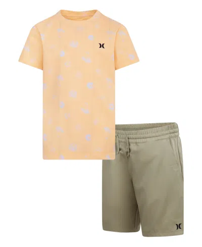 Hurley Kids' Little Boys 2-piece Printed T-shirt And Woven Shorts Set In Khaki