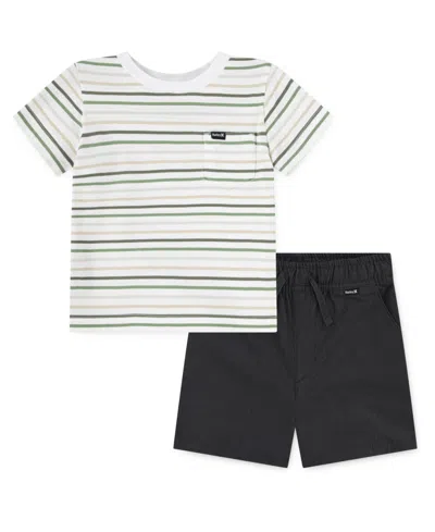 Hurley Kids' Little Boys 2-piece Striped T-shirt And Twill Shorts Set In Black
