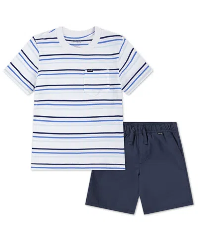 Hurley Kids' Little Boys 2-piece Striped T-shirt And Twill Shorts Set In White,midnight Blue