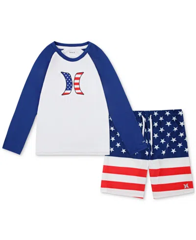 Hurley Kids' Little Boys Americana Long-sleeve Swim Top & Swim Shorts, 2 Piece Set In Deep Royalblue