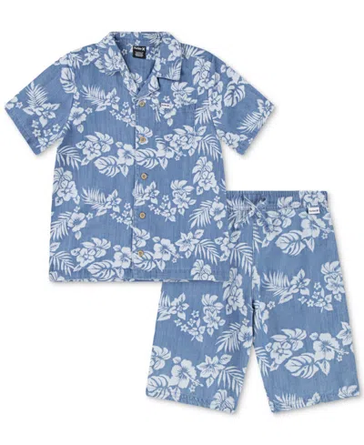 Hurley Kids' Little Boys Chambray Printed Camp Shirt & Shorts Set In Lt Chambray White